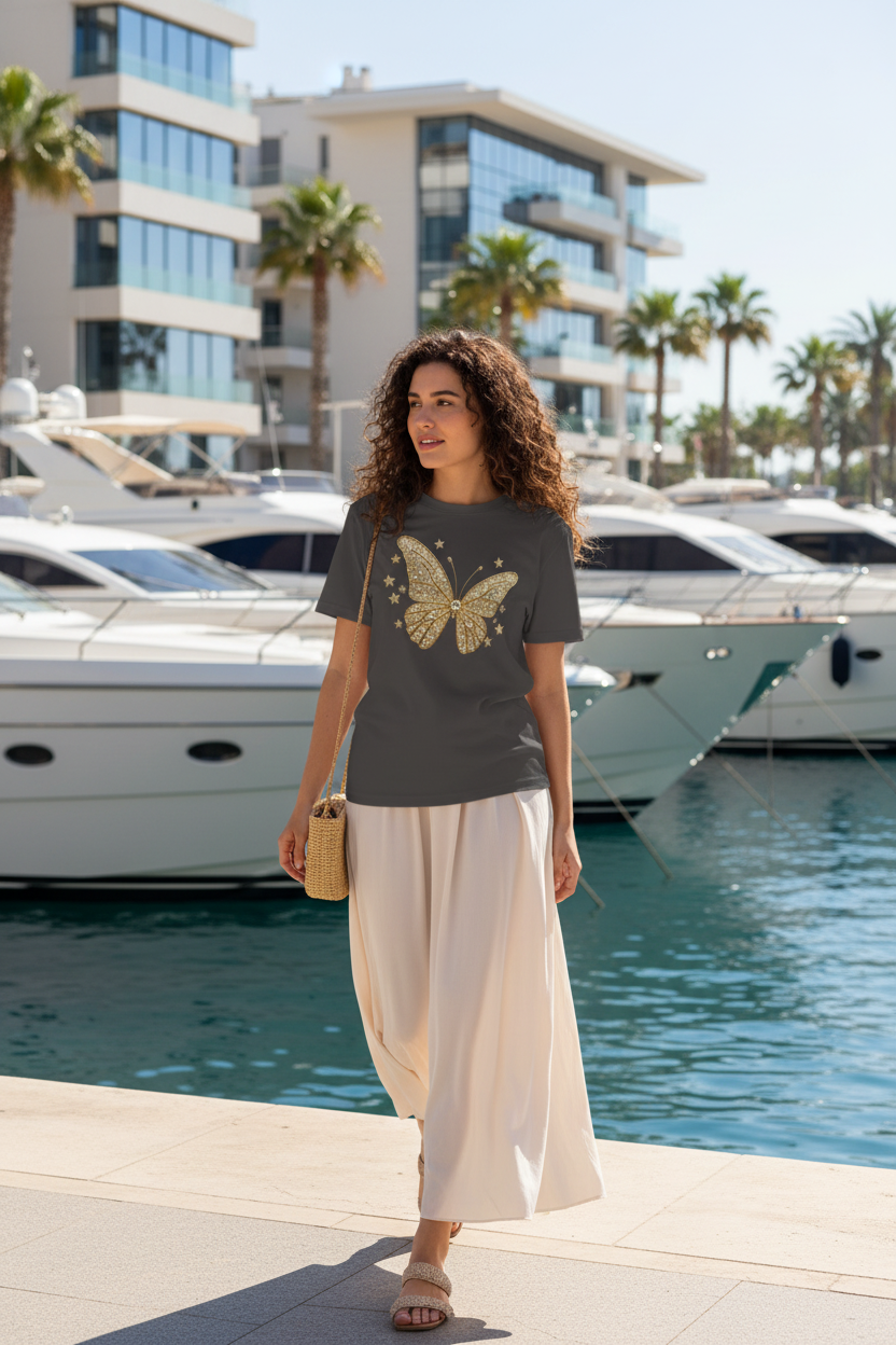 Young woman on modern marina with yachts